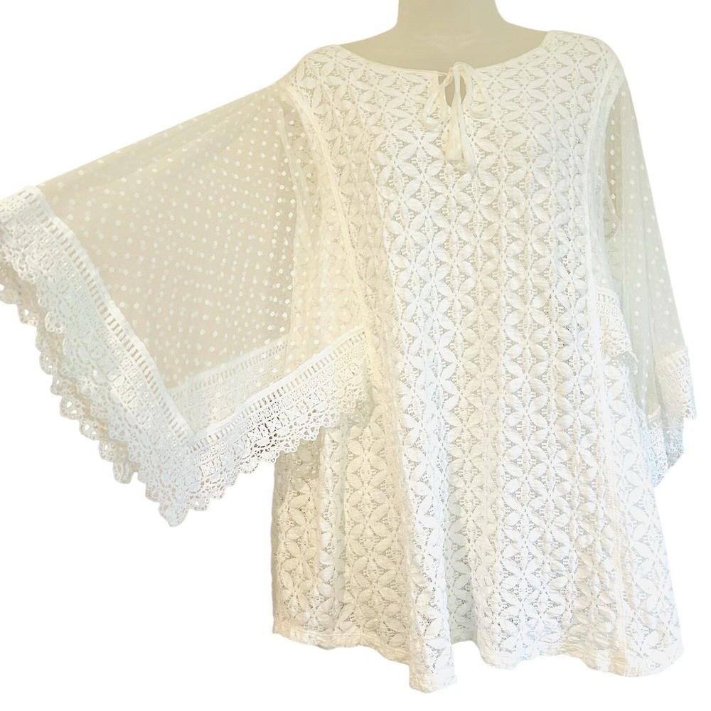 White Lace Crochet Sheer Top Sz XL Cottage  Romantic Soft Boho Swiss Dot Angel